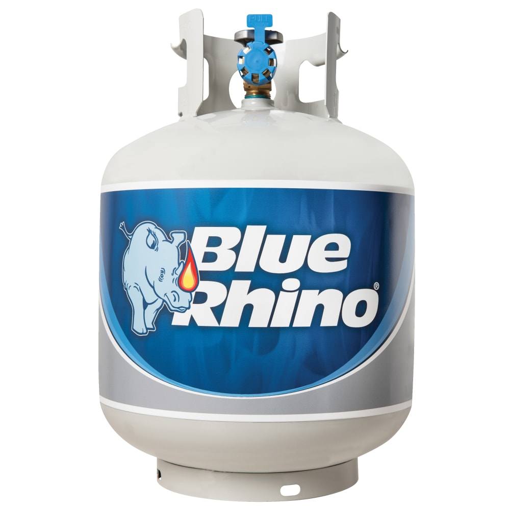 Propane tank with Blue Rhino logo.