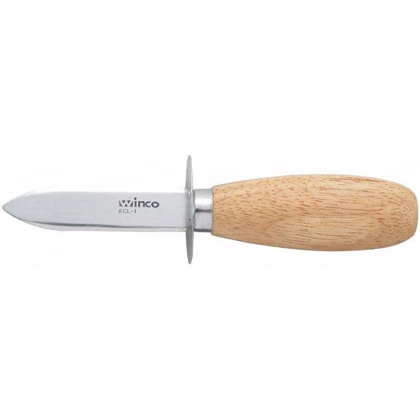 Oyster knife with a wooden handle and stainless steel blade.