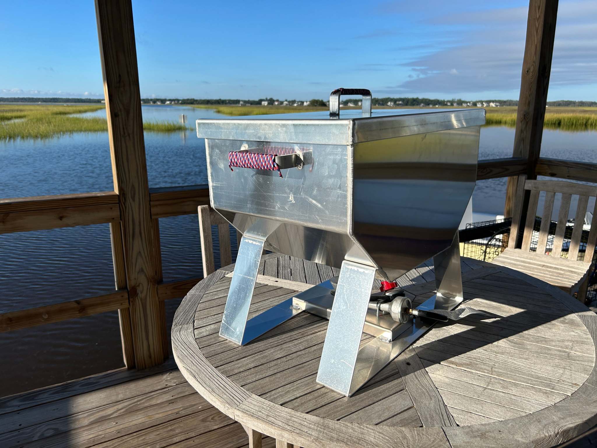 premium aluminum oyster steamer cooker on outdoor patio table