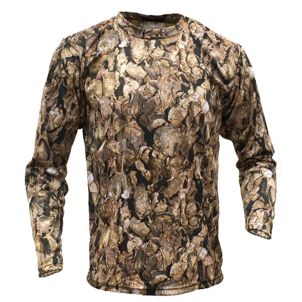 Oystaflage Long Sleeve Performance Shirt with camo design, UPF 45+ sun protection, lightweight and breathable.