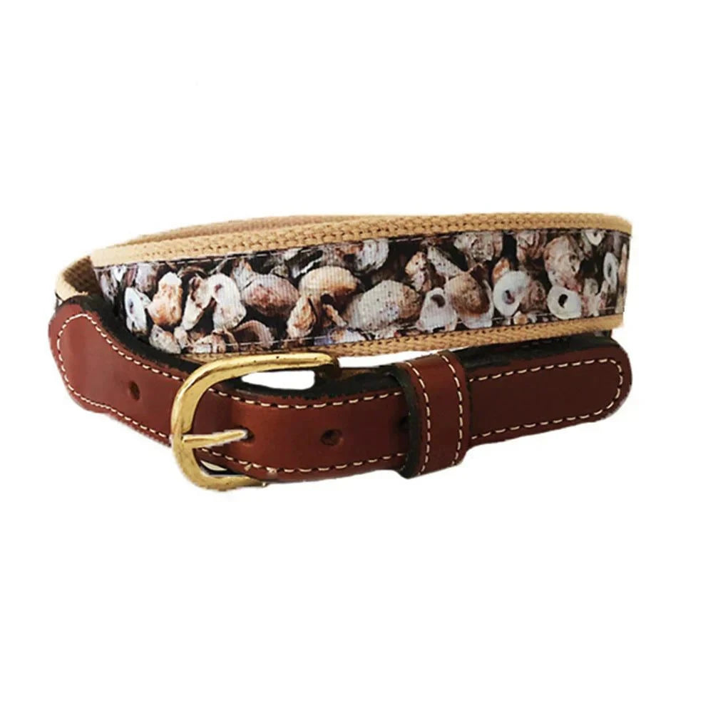 Charleston Oyster belt with oyster half shell pattern, full-grain leather tabs, and brass buckle.