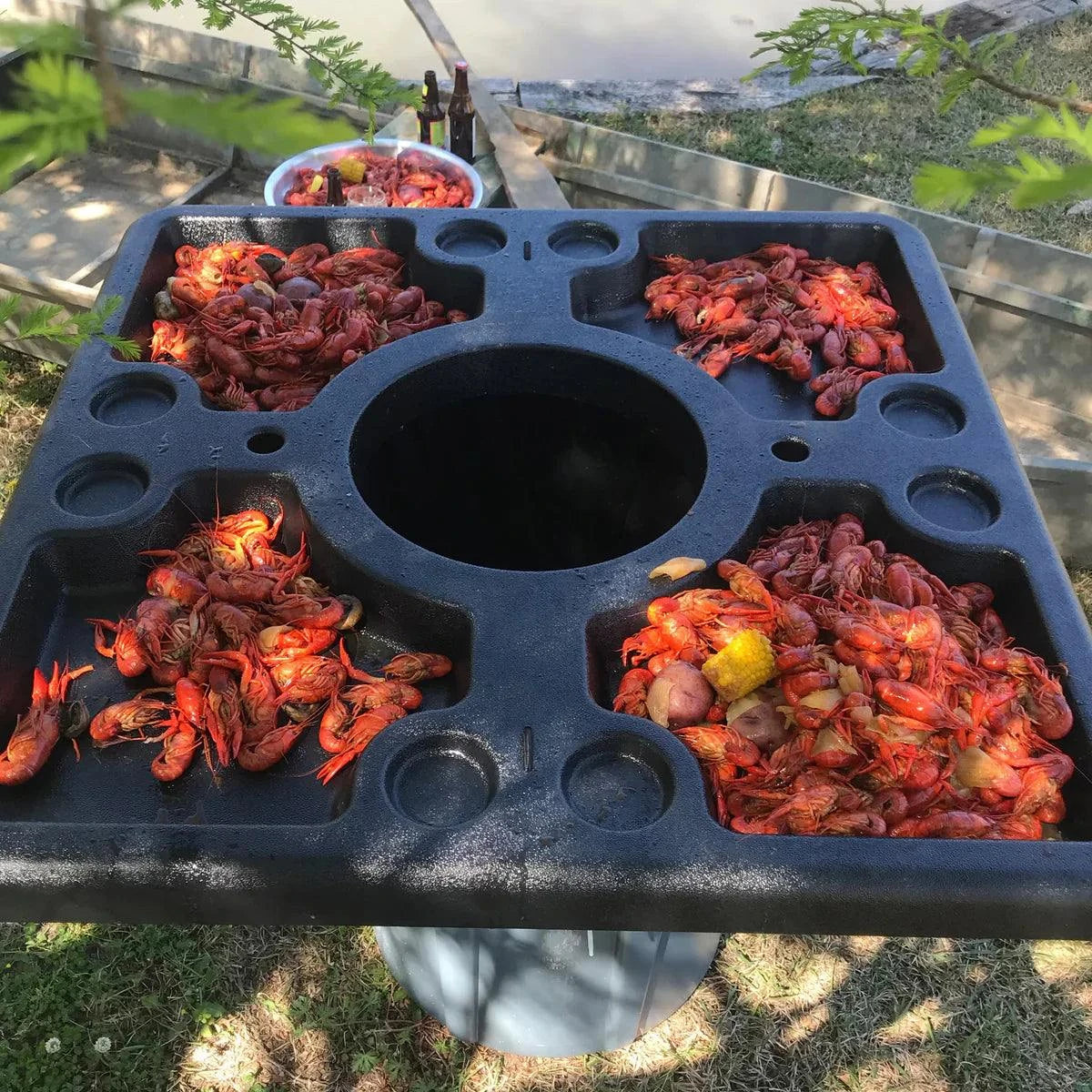 Shucking Table with seafood display.