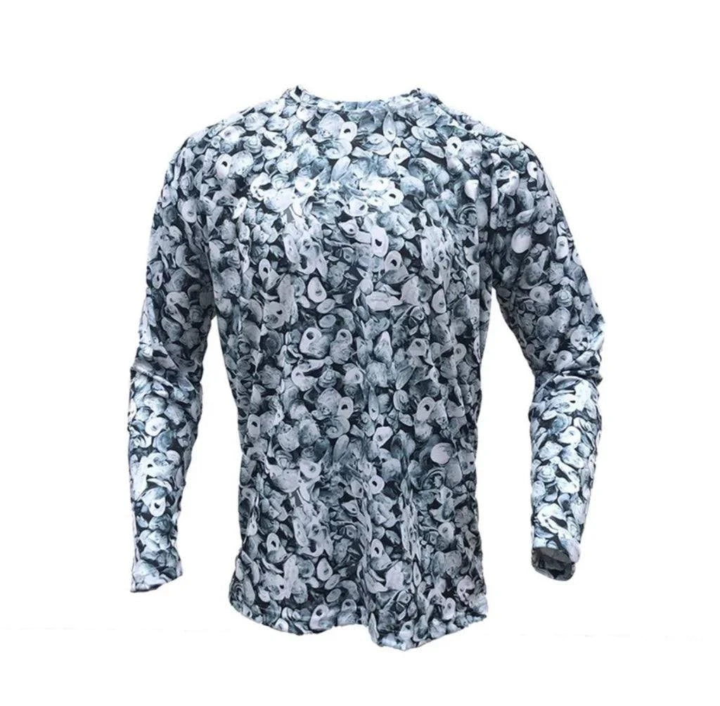 Oystaflage Blue Point long sleeve performance shirt with coastal oyster pattern, breathable and UV protective.