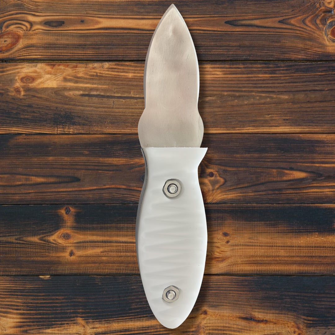Ultimate oyster and shellfish knife with stainless steel blade and ergonomic white Delrin handle on wooden surface